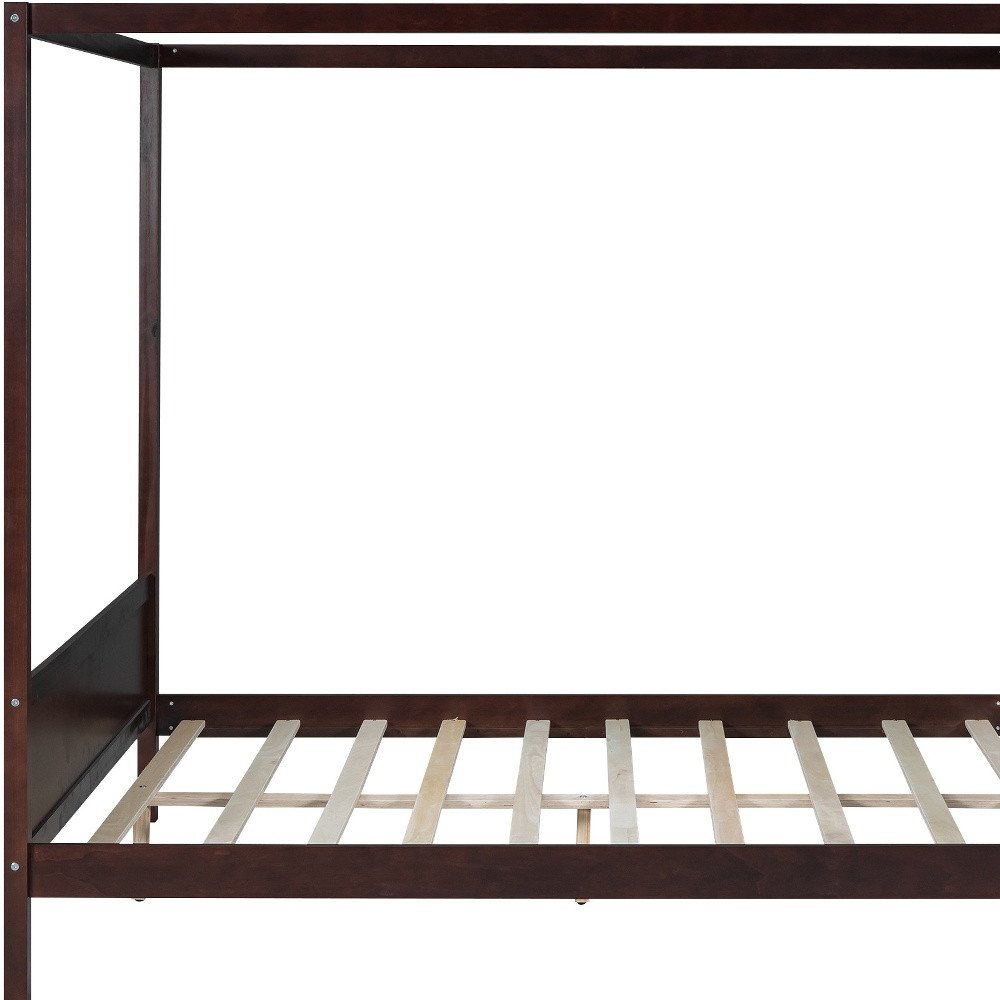 Espresso Inlaid Panels Wood Queen Canopy Bed