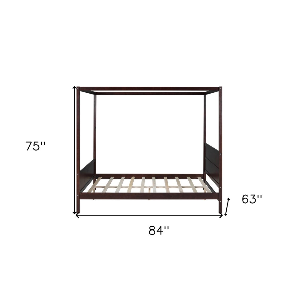 Espresso Inlaid Panels Wood Queen Canopy Bed