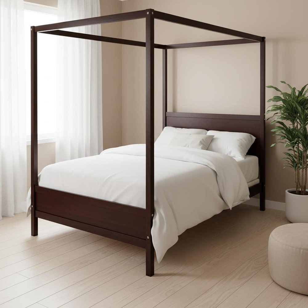 Espresso Inlaid Panels Wood Queen Canopy Bed