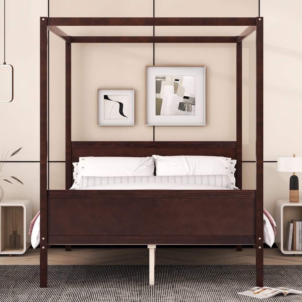 Espresso Inlaid Panels Wood Queen Canopy Bed