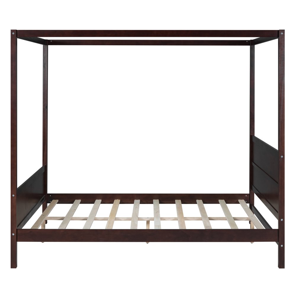 Espresso Inlaid Panels Wood Queen Canopy Bed