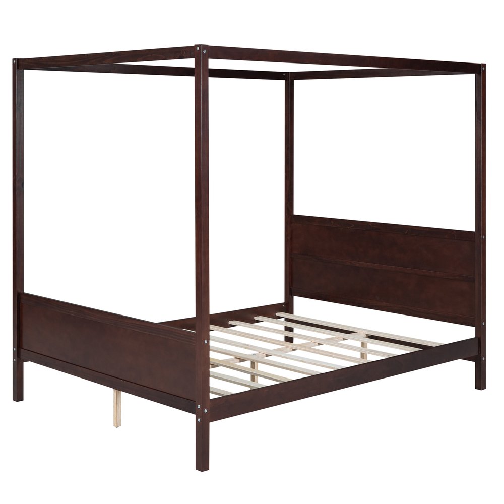 Espresso Inlaid Panels Wood Queen Canopy Bed