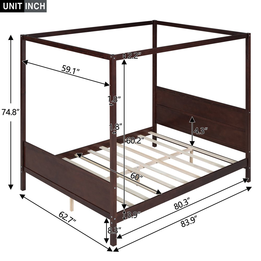 Espresso Inlaid Panels Wood Queen Canopy Bed
