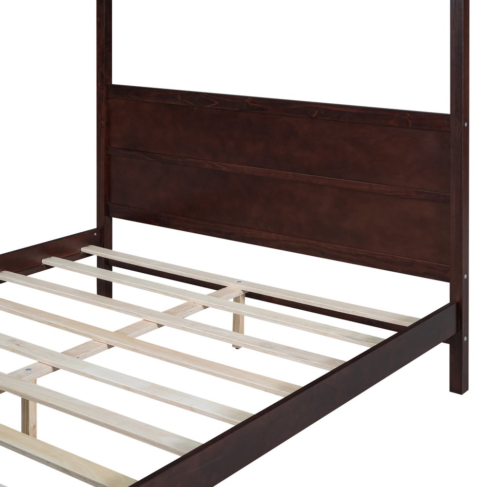 Espresso Inlaid Panels Wood Queen Canopy Bed