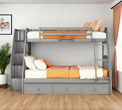 Gray Twin Over Full Wood Bunk Bed With Stairs And Drawers And Storage
