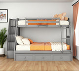 Gray Twin Over Full Wood Bunk Bed With Stairs And Drawers And Storage