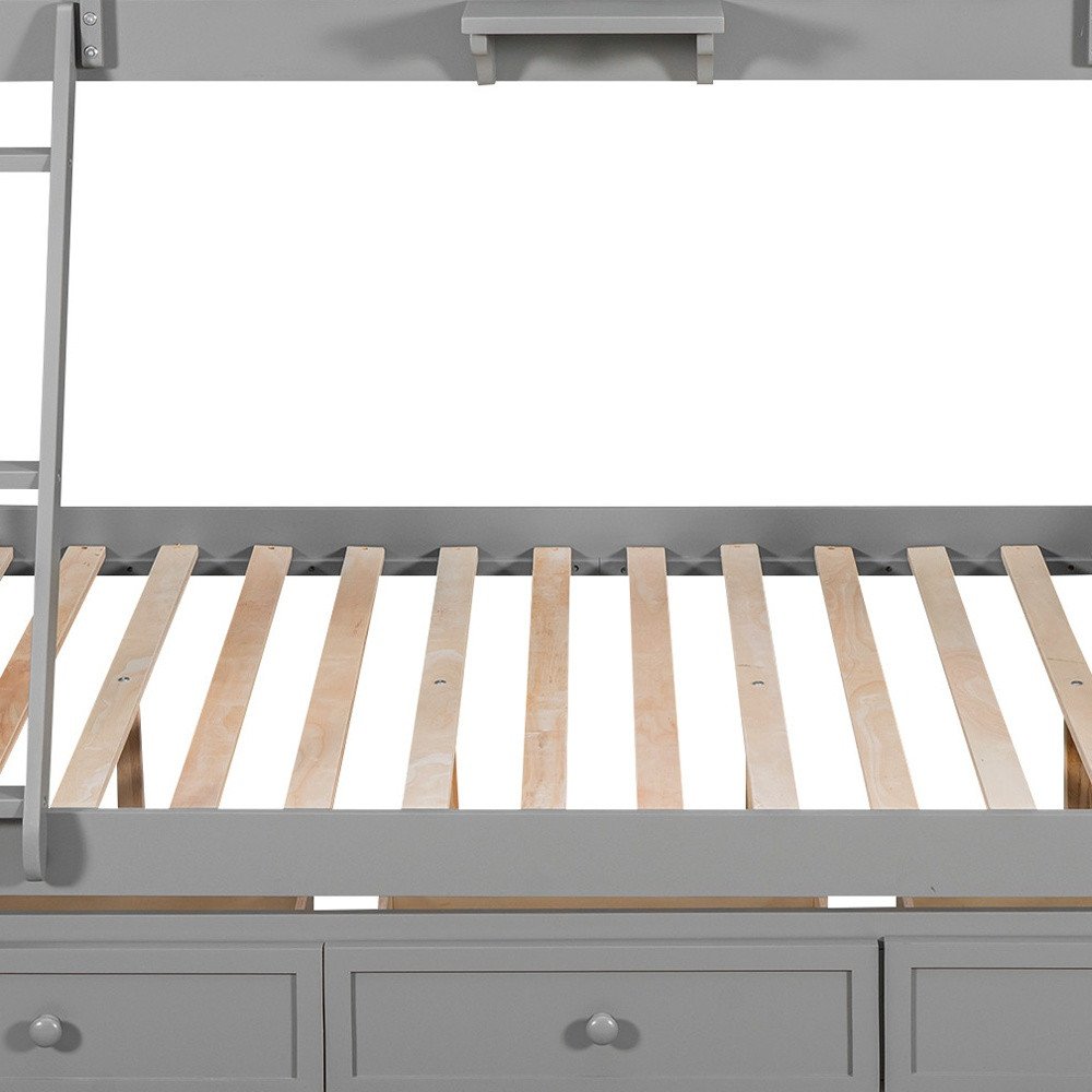 Gray Twin Over Full Wood Bunk Bed With Stairs And Drawers And Storage