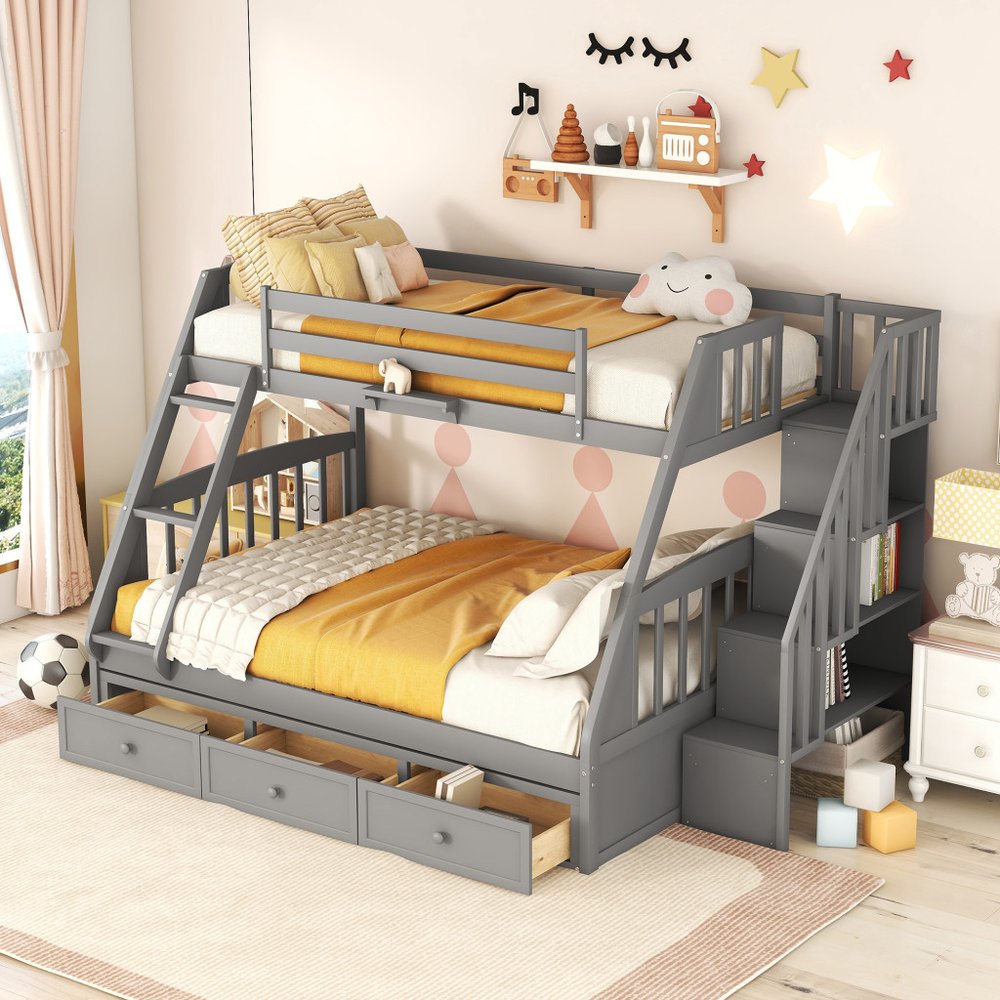 Gray Twin Over Full Wood Bunk Bed With Stairs And Drawers And Storage
