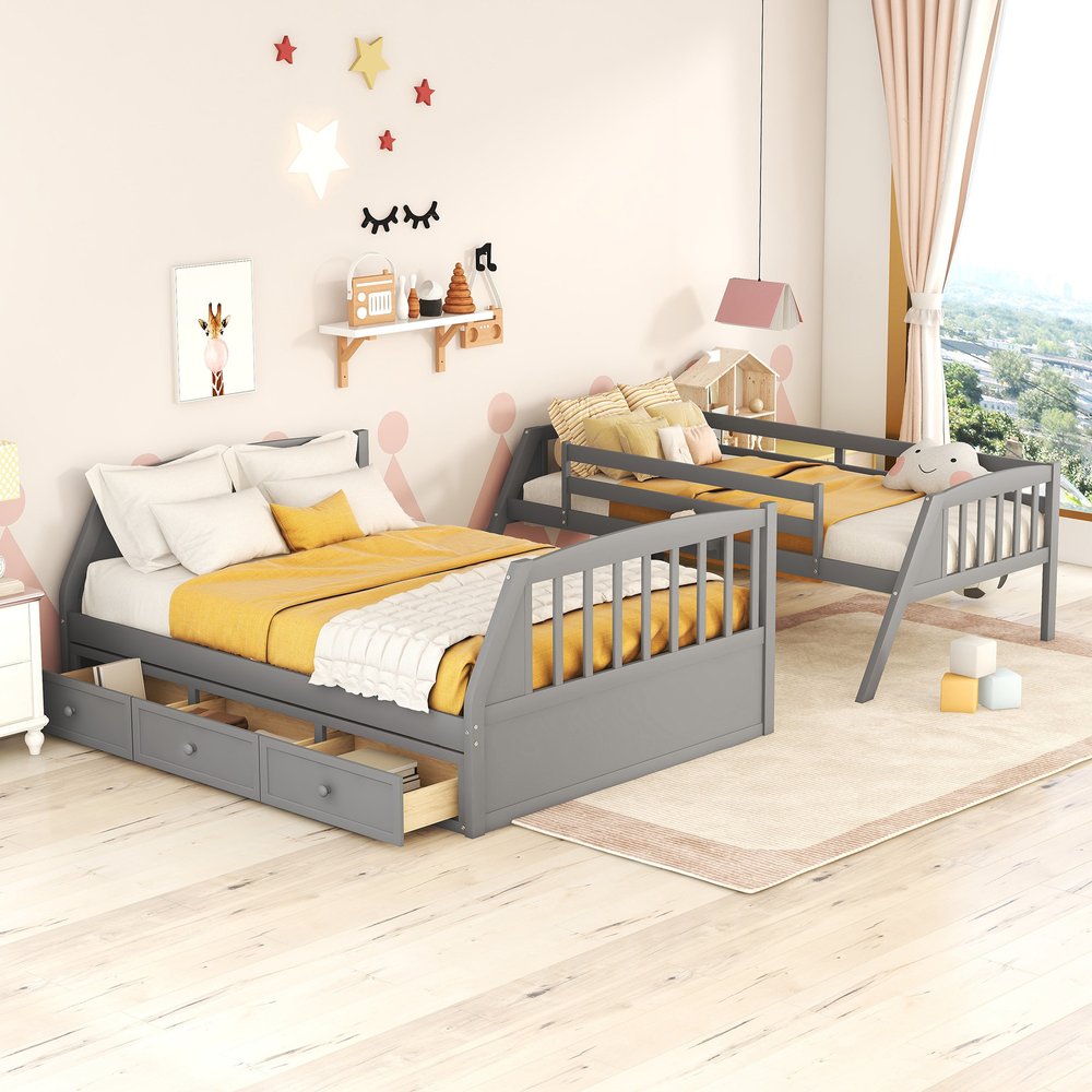 Gray Twin Over Full Wood Bunk Bed With Stairs And Drawers And Storage