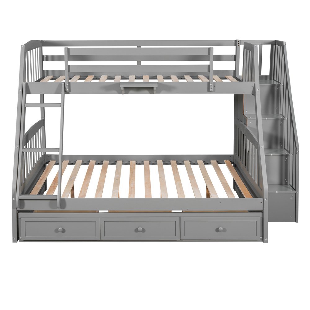 Gray Twin Over Full Wood Bunk Bed With Stairs And Drawers And Storage