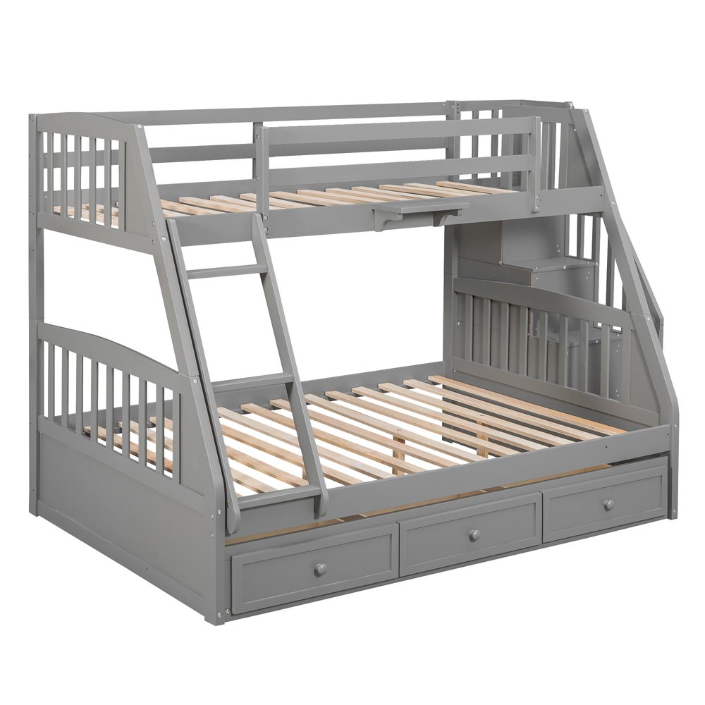 Gray Twin Over Full Wood Bunk Bed With Stairs And Drawers And Storage
