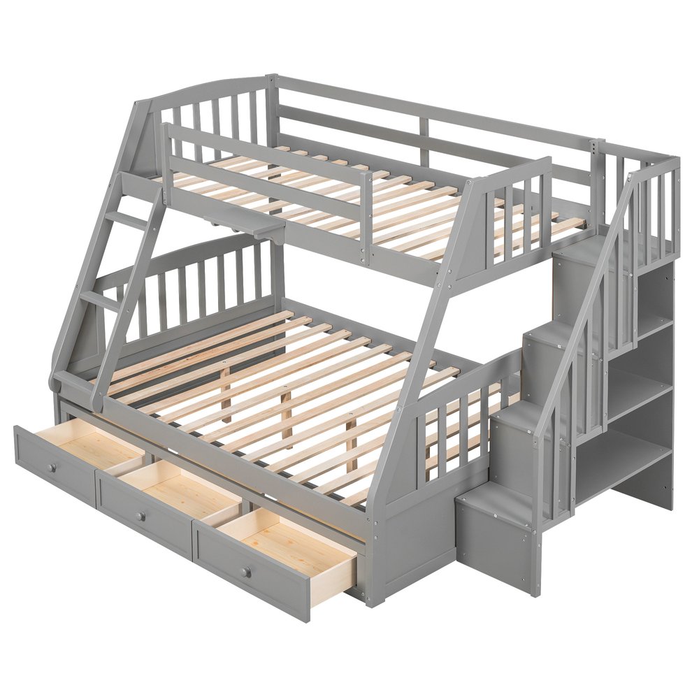 Gray Twin Over Full Wood Bunk Bed With Stairs And Drawers And Storage
