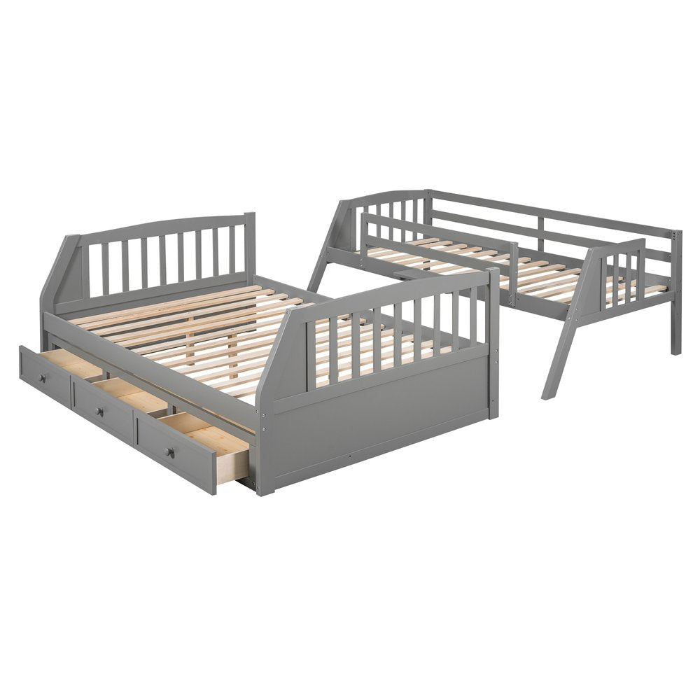 Gray Twin Over Full Wood Bunk Bed With Stairs And Drawers And Storage
