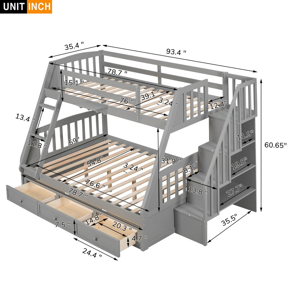 Gray Twin Over Full Wood Bunk Bed With Stairs And Drawers And Storage