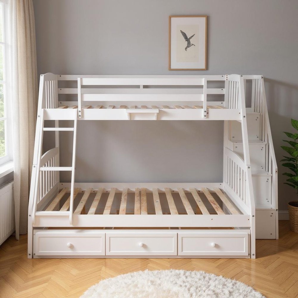 White Twin Over Full Wood Bunk Bed With Stairs And Drawers And Storage