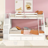 White Twin Over Full Wood Bunk Bed With Stairs And Drawers And Storage