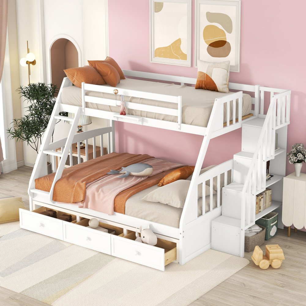 White Twin Over Full Wood Bunk Bed With Stairs And Drawers And Storage
