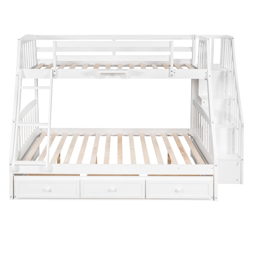 White Twin Over Full Wood Bunk Bed With Stairs And Drawers And Storage