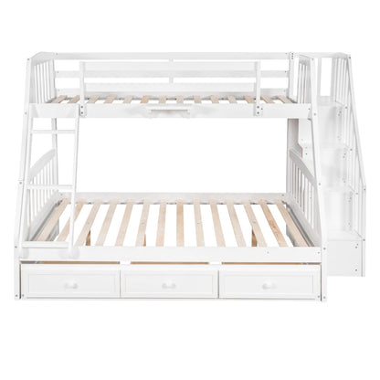 White Twin Over Full Wood Bunk Bed With Stairs And Drawers And Storage