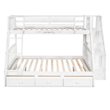 White Twin Over Full Wood Bunk Bed With Stairs And Drawers And Storage