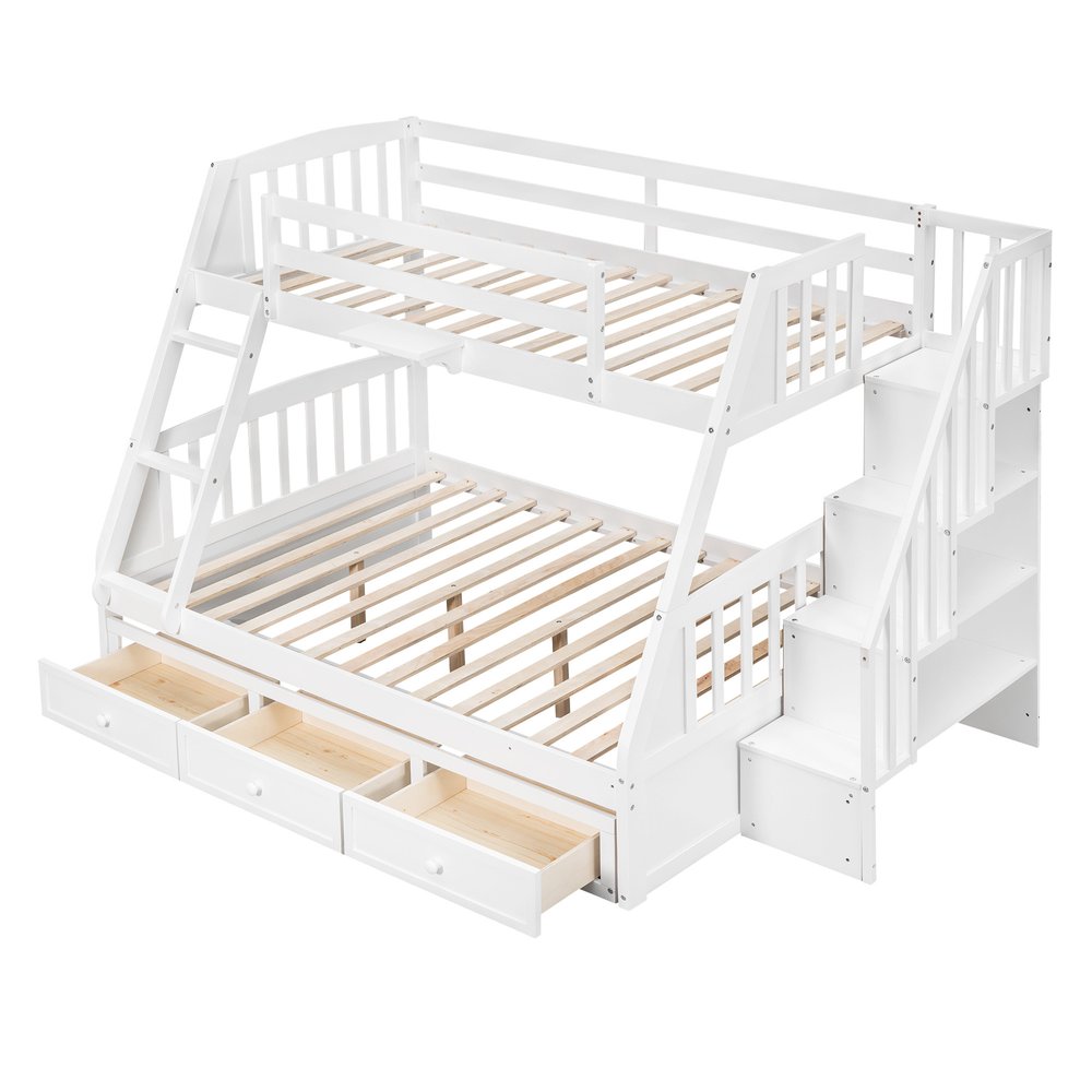 White Twin Over Full Wood Bunk Bed With Stairs And Drawers And Storage