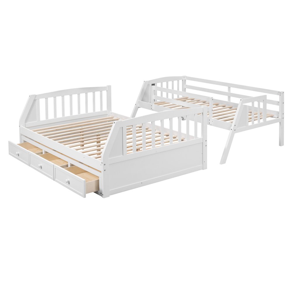 White Twin Over Full Wood Bunk Bed With Stairs And Drawers And Storage
