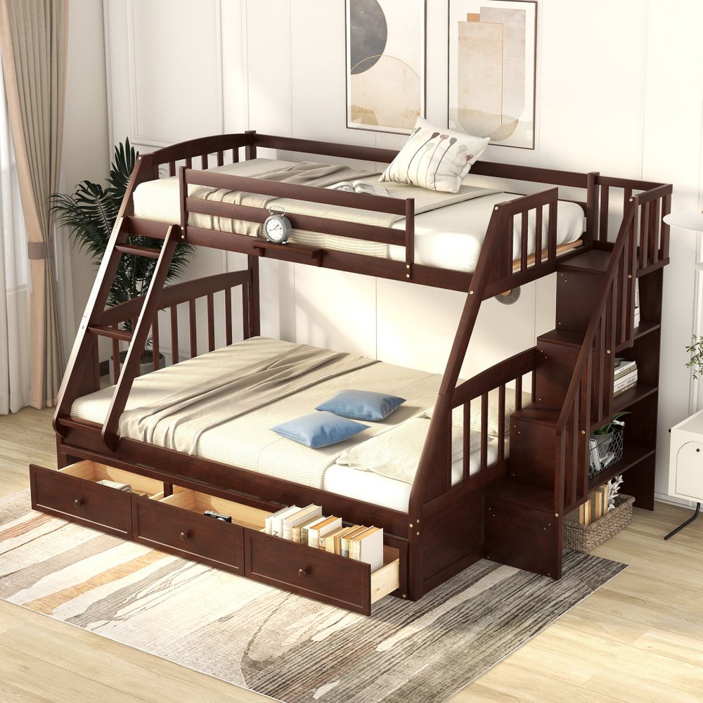 Espresso Twin Over Full Wood Bunk Bed With Stairs And Storage
