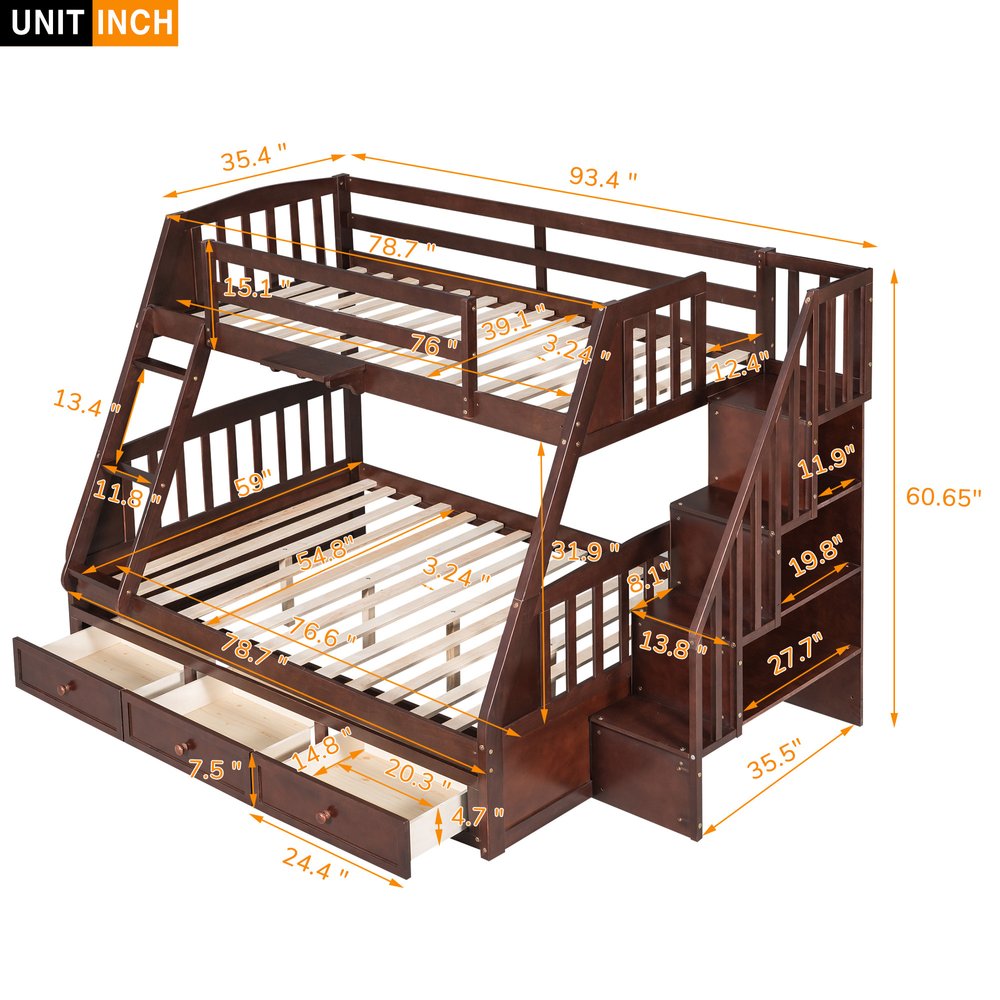 Espresso Twin Over Full Wood Bunk Bed With Stairs And Storage