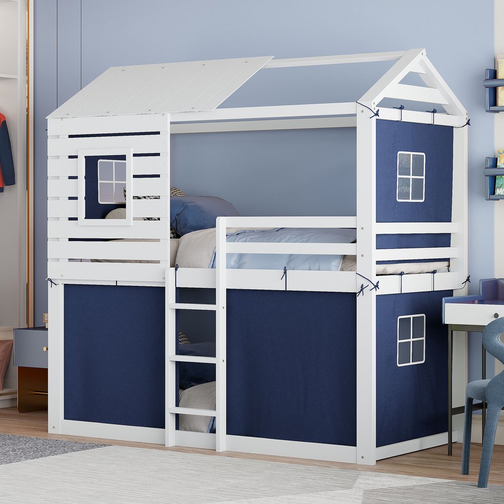 Blue Twin Over Twin Dollhouse Wood Bunk Bed
