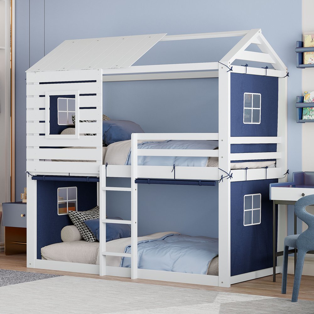 Blue Twin Over Twin Dollhouse Wood Bunk Bed