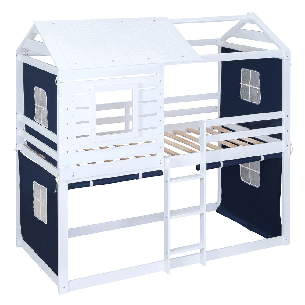 Blue Twin Over Twin Dollhouse Wood Bunk Bed