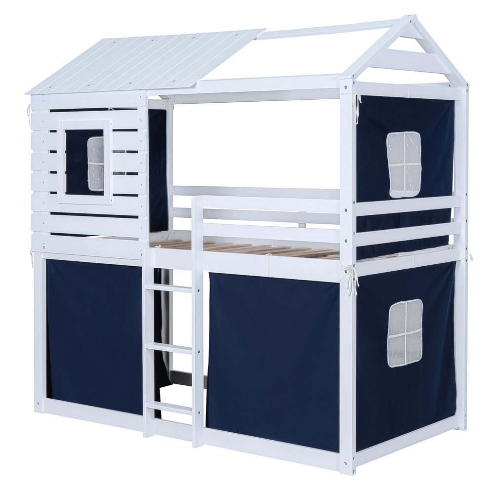 Blue Twin Over Twin Dollhouse Wood Bunk Bed