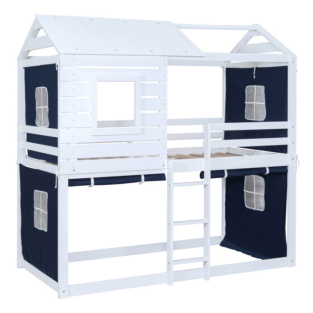Blue Twin Over Twin Dollhouse Wood Bunk Bed