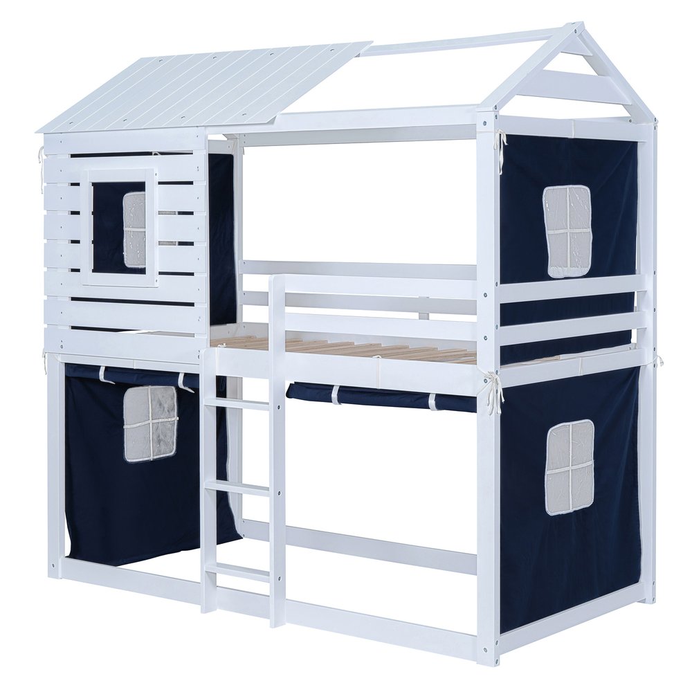 Blue Twin Over Twin Dollhouse Wood Bunk Bed