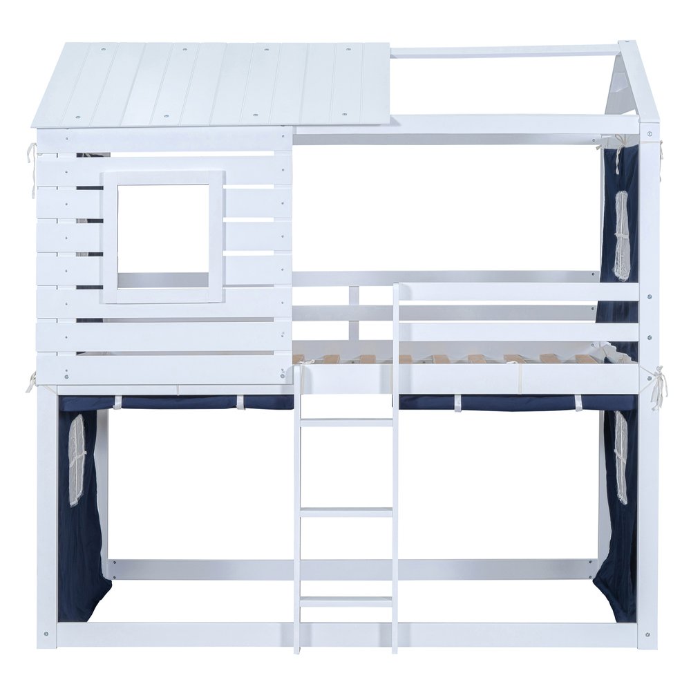 Blue Twin Over Twin Dollhouse Wood Bunk Bed