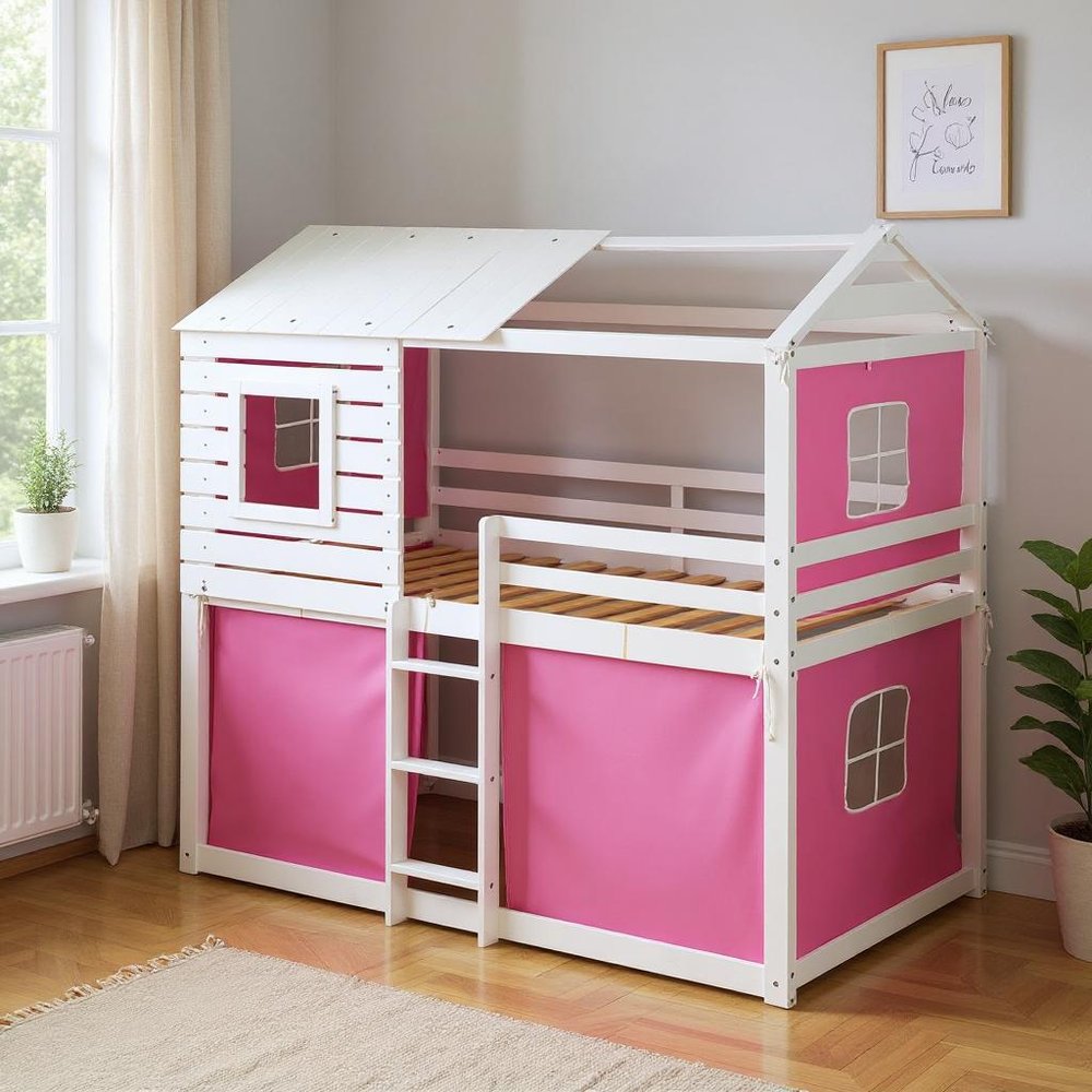 White Twin Over Twin Dollhouse Wood Bunk Bed
