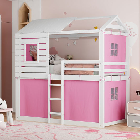White Twin Over Twin Dollhouse Wood Bunk Bed