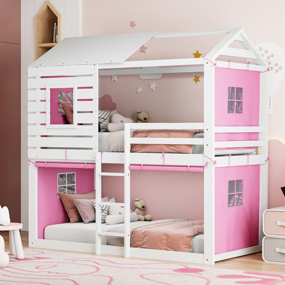 White Twin Over Twin Dollhouse Wood Bunk Bed