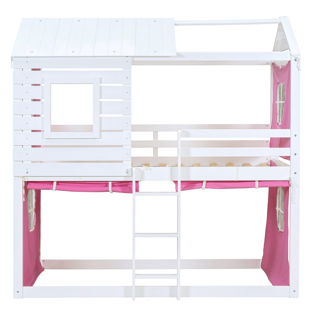 White Twin Over Twin Dollhouse Wood Bunk Bed
