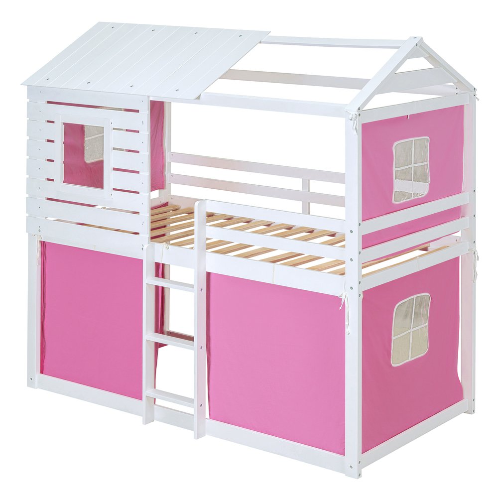 White Twin Over Twin Dollhouse Wood Bunk Bed