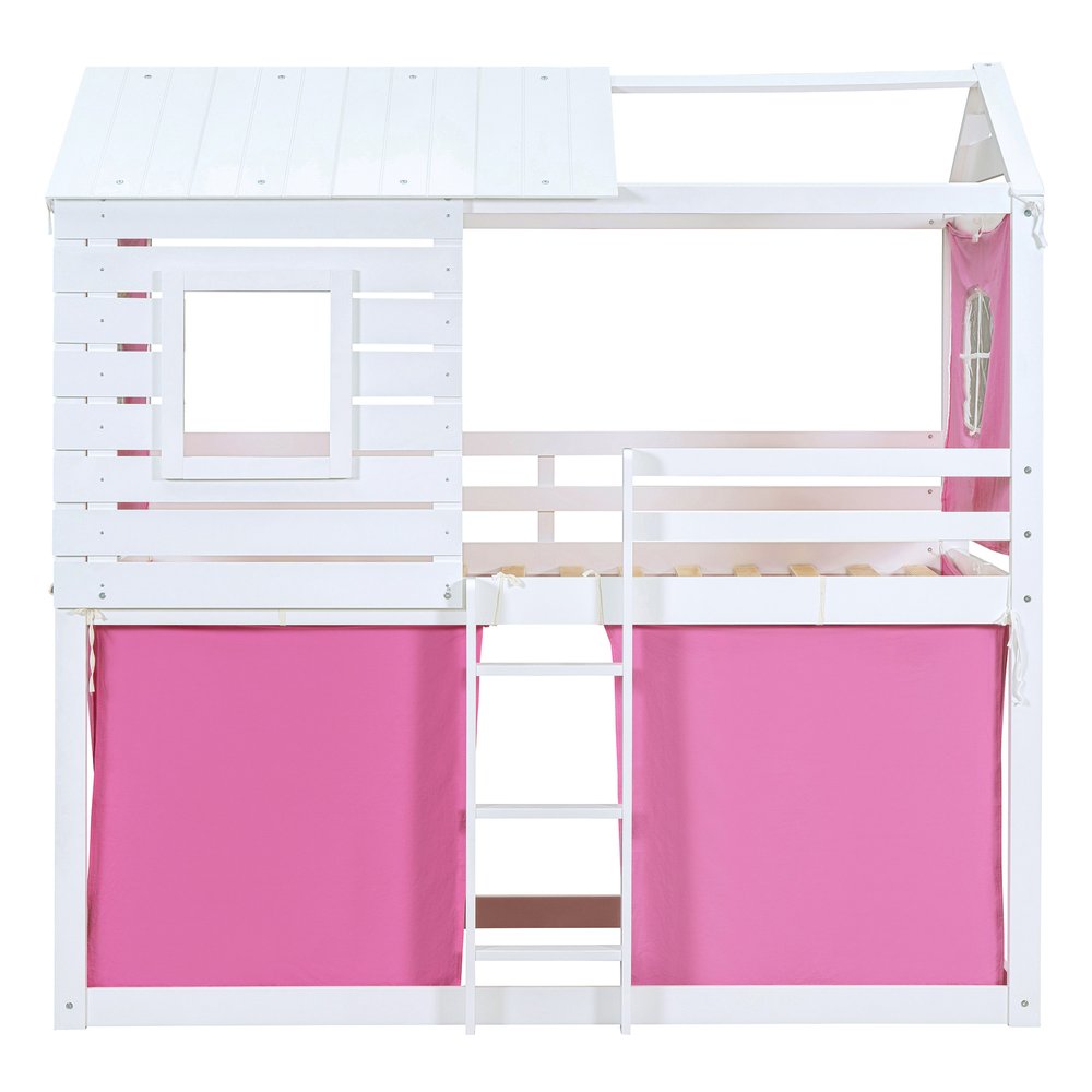 White Twin Over Twin Dollhouse Wood Bunk Bed