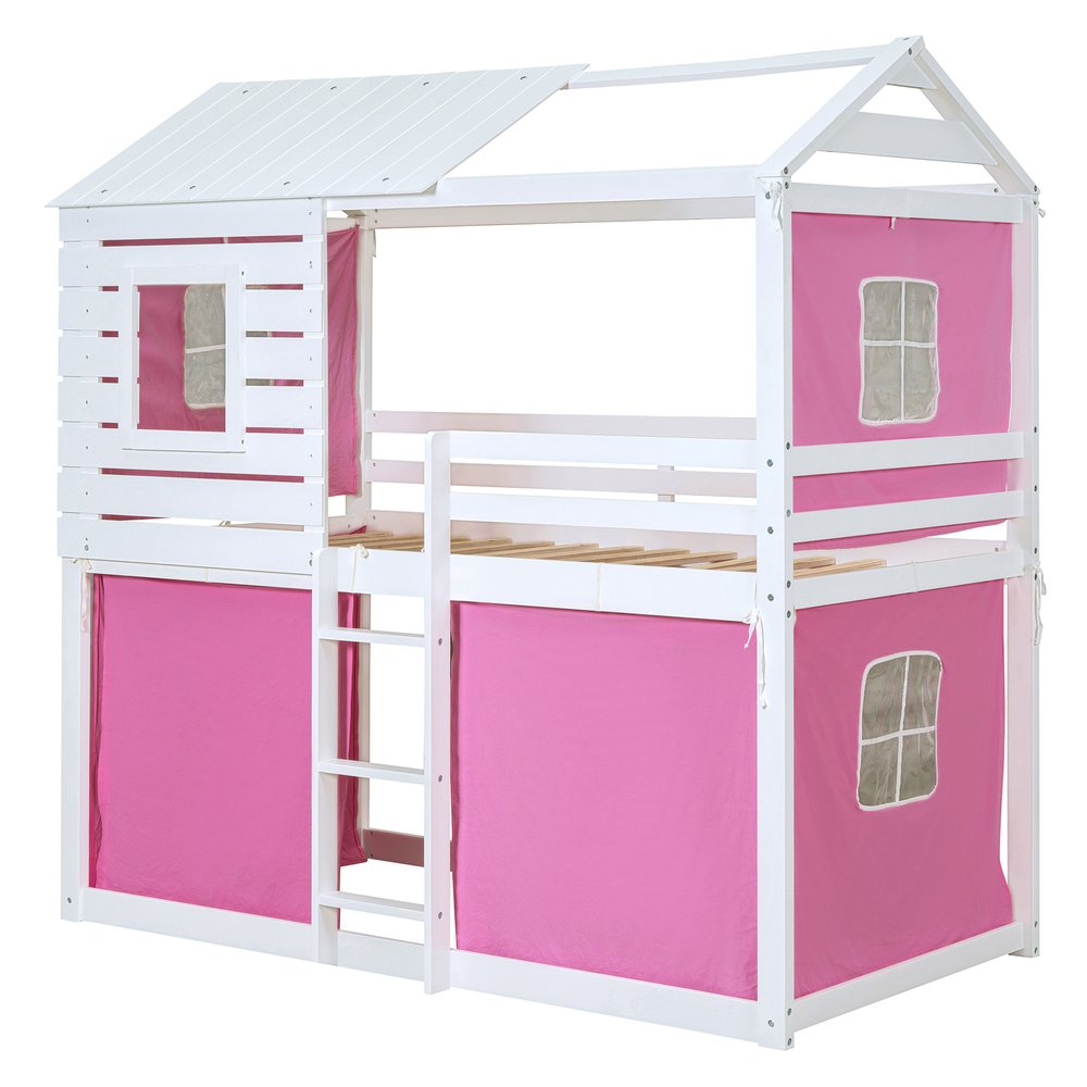 White Twin Over Twin Dollhouse Wood Bunk Bed