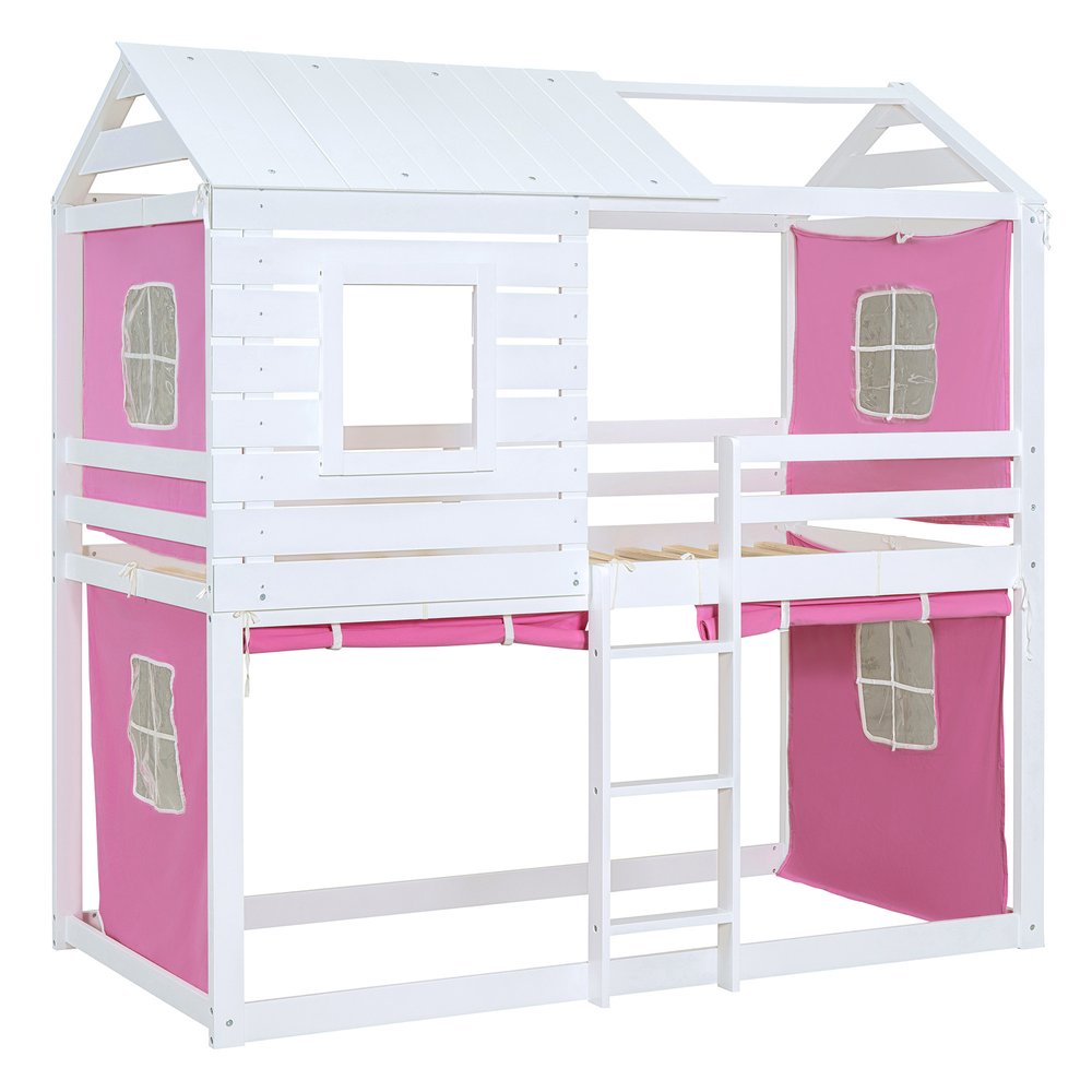 White Twin Over Twin Dollhouse Wood Bunk Bed