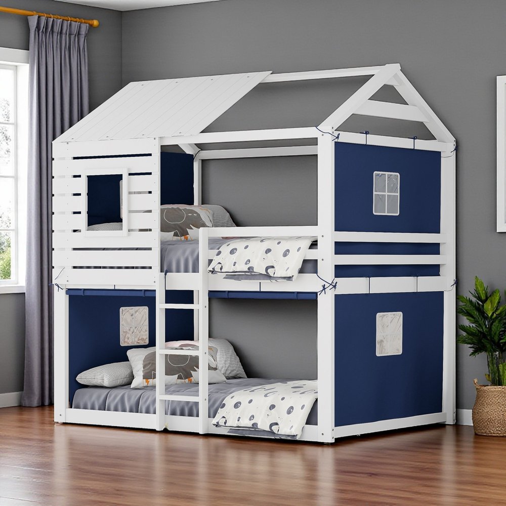 Blue Full Over Full Dollhouse Wood Bunk Bed