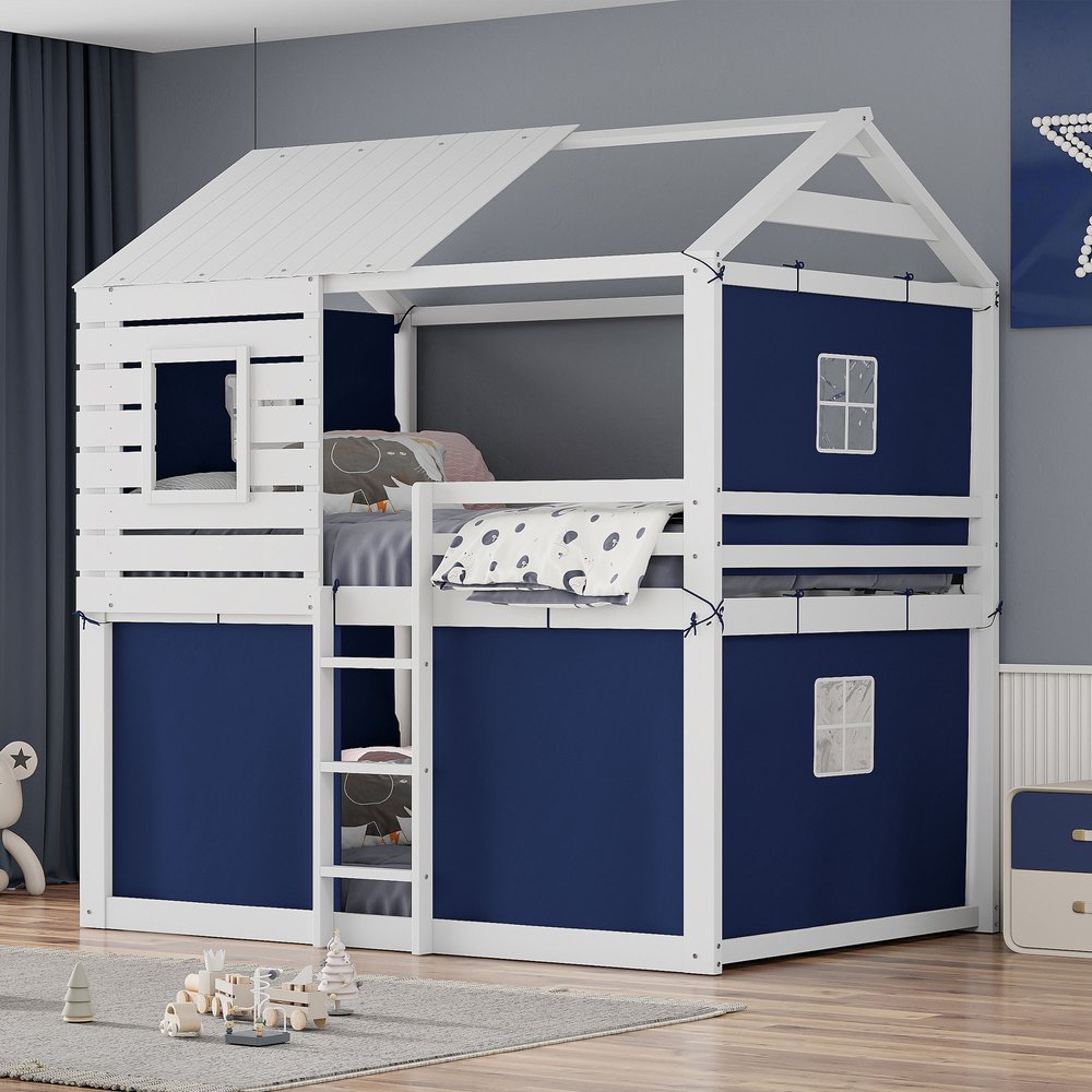 Blue Full Over Full Dollhouse Wood Bunk Bed