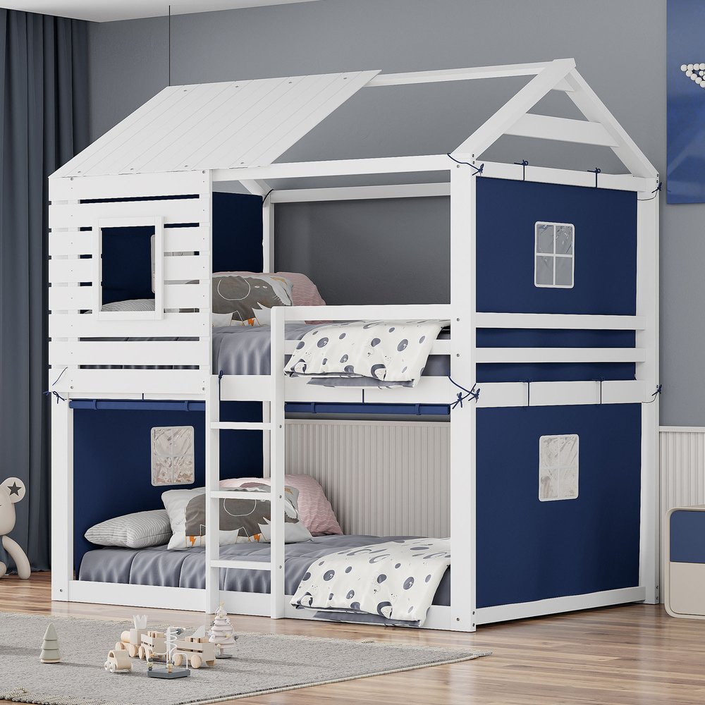 Blue Full Over Full Dollhouse Wood Bunk Bed