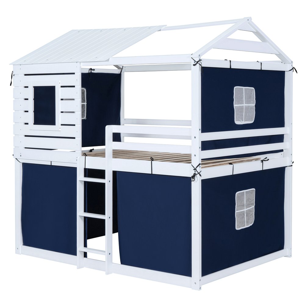Blue Full Over Full Dollhouse Wood Bunk Bed