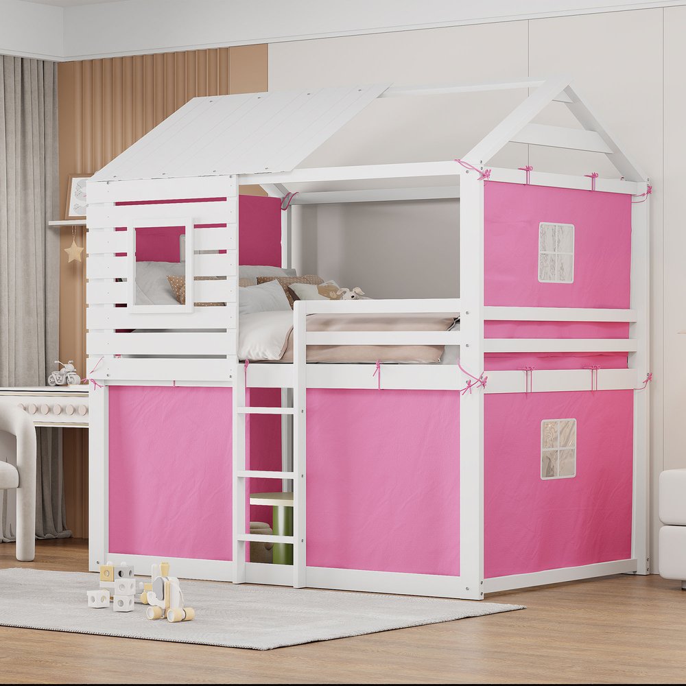 White Full Over Full Dollhouse Wood Bunk Bed
