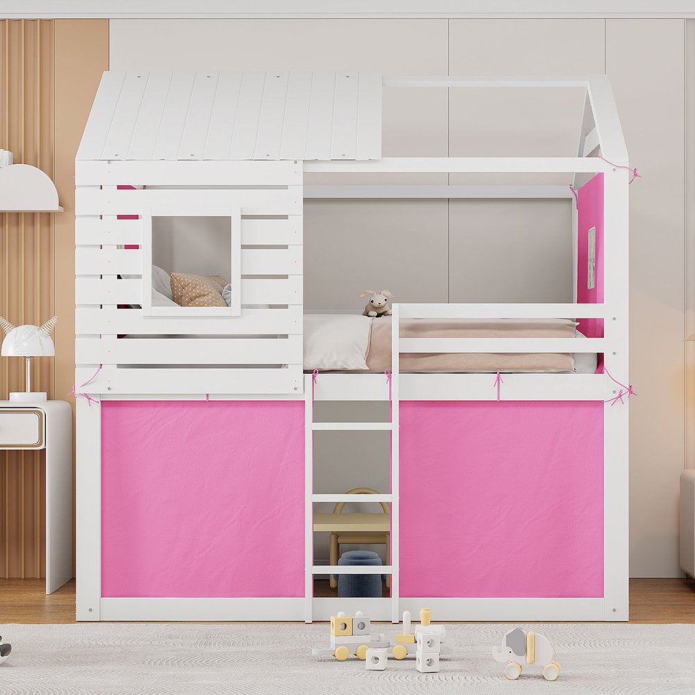White Full Over Full Dollhouse Wood Bunk Bed