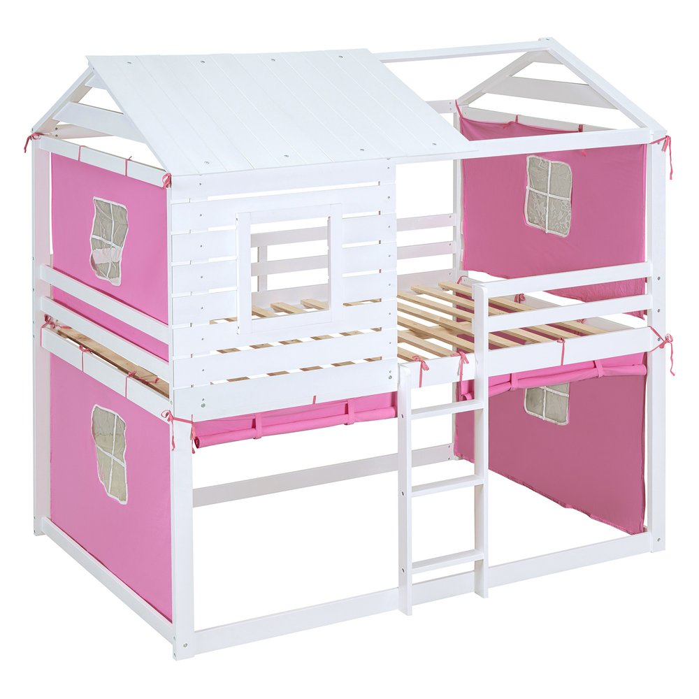 White Full Over Full Dollhouse Wood Bunk Bed
